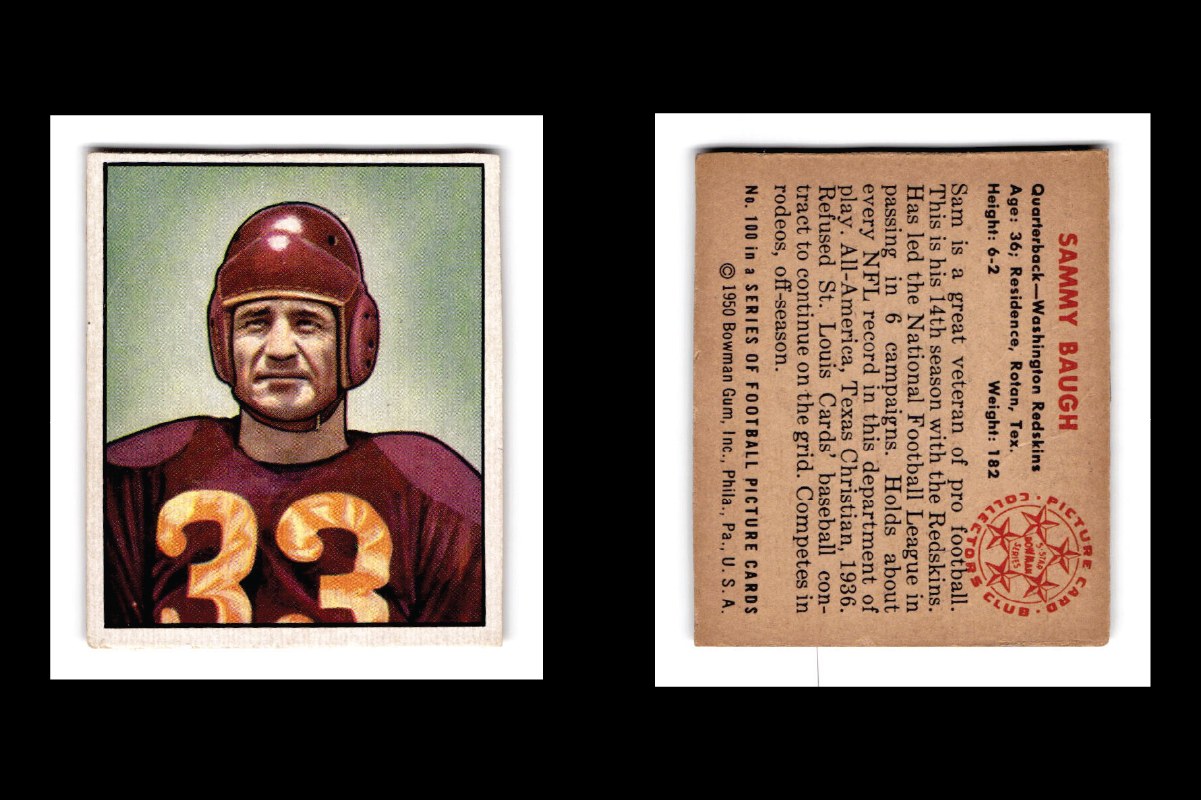 Front and back of Sammy Baugh card